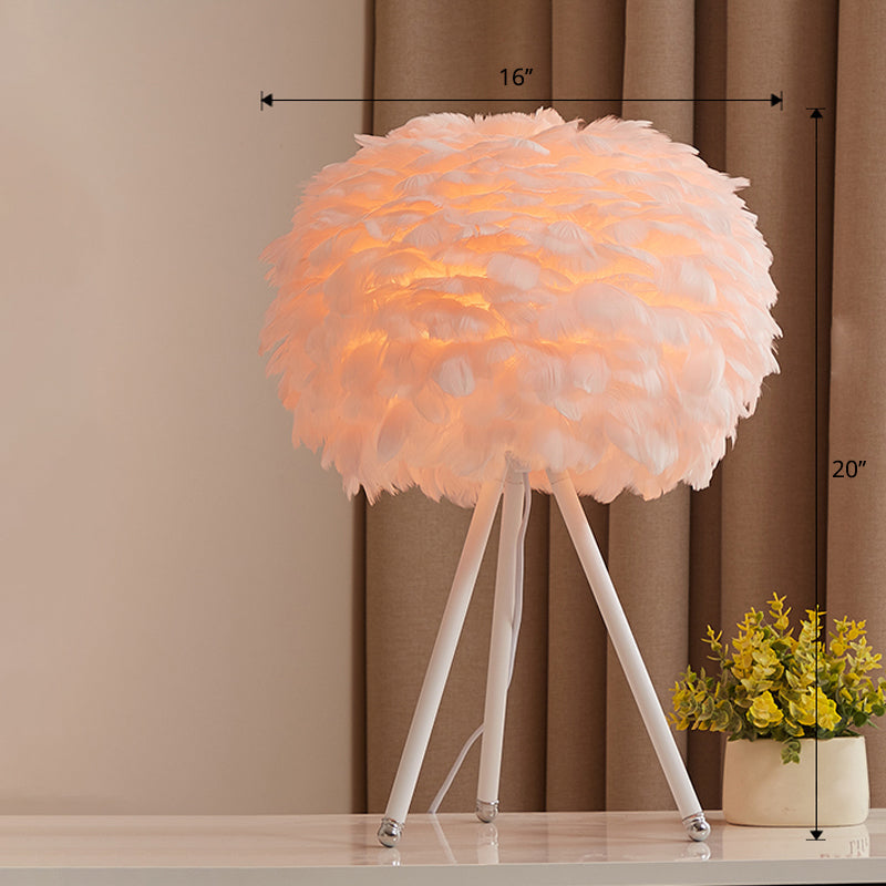 Nordic Goose Feather Sphere Table Lamp with Tripod Stand - Stylish 1-Bulb Night Stand Light