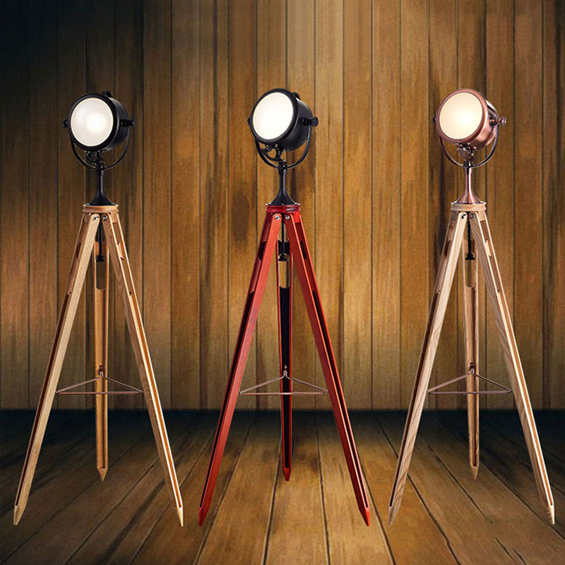 Metal Round Spotlight Floor Lamp with Wooden Tripod - Industrial Style, 1 Head, for Living Room