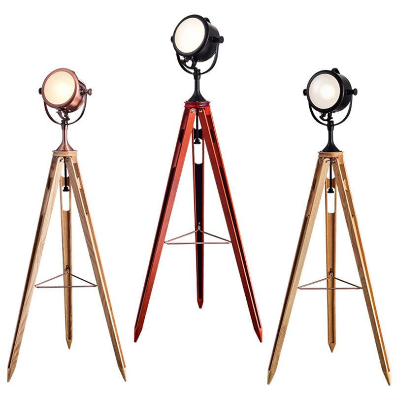 Metal Round Spotlight Floor Lamp with Wooden Tripod - Industrial Style, 1 Head, for Living Room