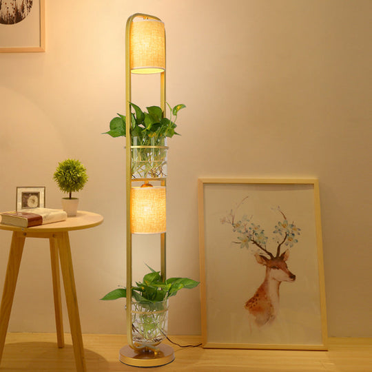 Modern 2-Headed Cylindrical Fabric Floor Lamp with Glass Plant Jar