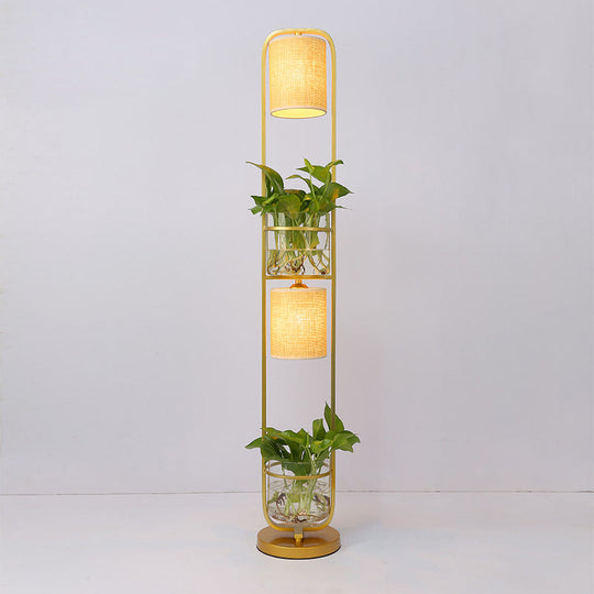Modern 2-Headed Cylindrical Fabric Floor Lamp with Glass Plant Jar