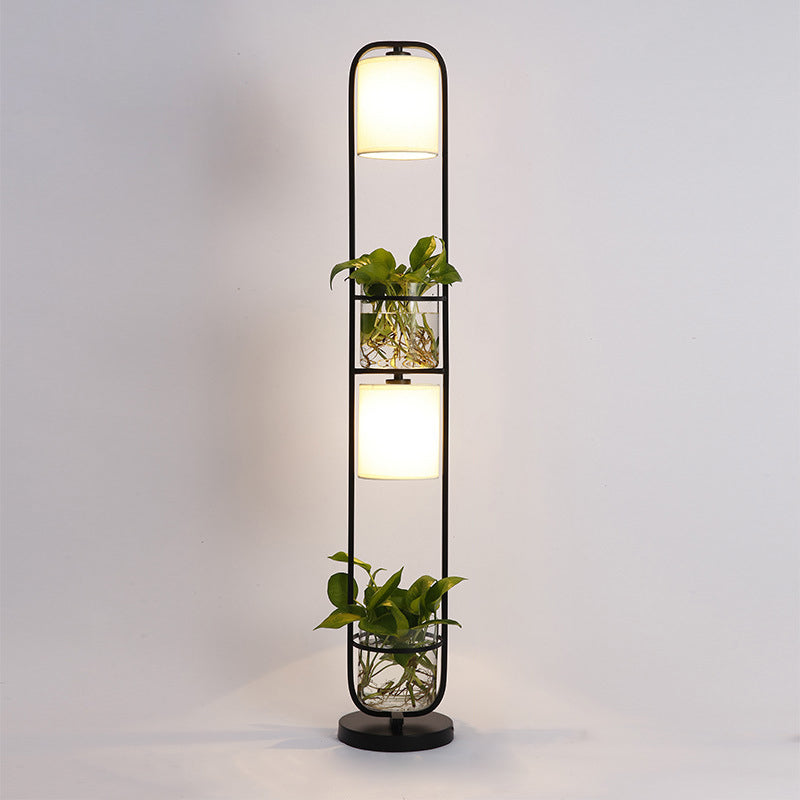 Modern 2-Headed Cylindrical Fabric Floor Lamp with Glass Plant Jar