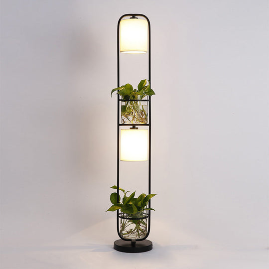 Modern 2-Headed Cylindrical Fabric Floor Lamp with Glass Plant Jar