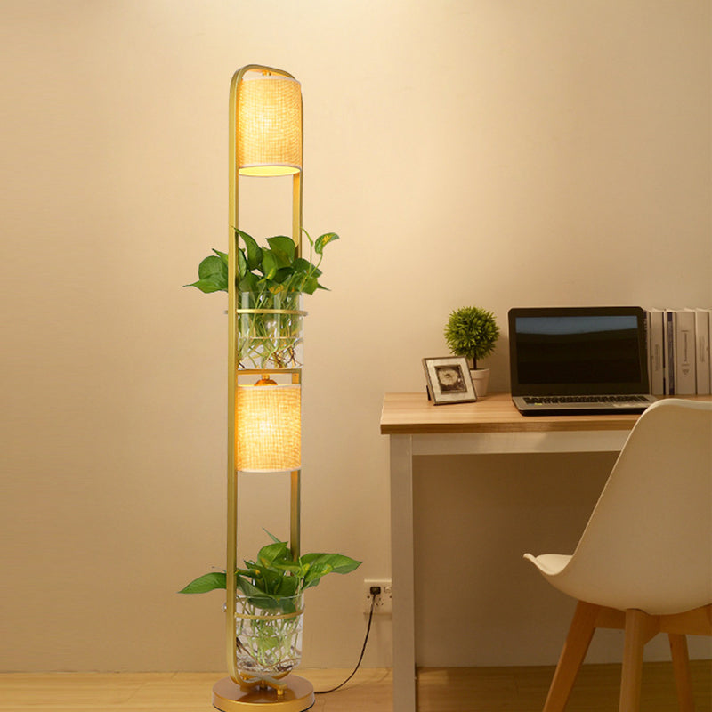 Modern 2-Headed Cylindrical Fabric Floor Lamp with Glass Plant Jar