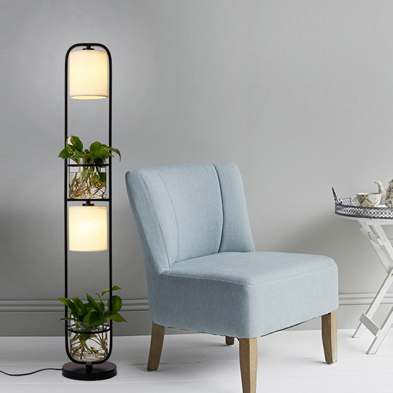 Modern 2-Headed Cylindrical Fabric Floor Lamp with Glass Plant Jar