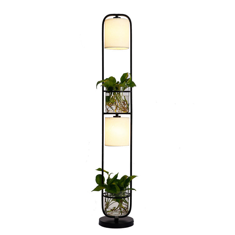 Modern 2-Headed Cylindrical Fabric Floor Lamp with Glass Plant Jar
