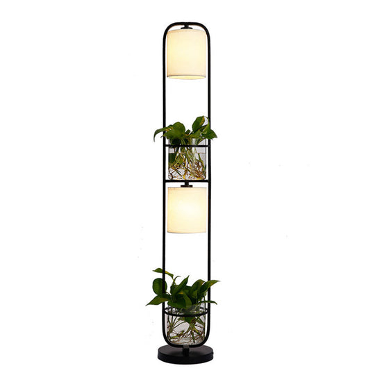 Modern 2-Headed Cylindrical Fabric Floor Lamp with Glass Plant Jar