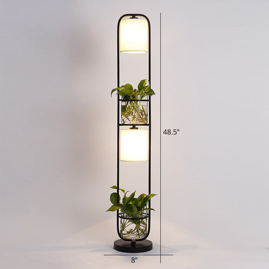 Modern 2-Headed Cylindrical Fabric Floor Lamp with Glass Plant Jar