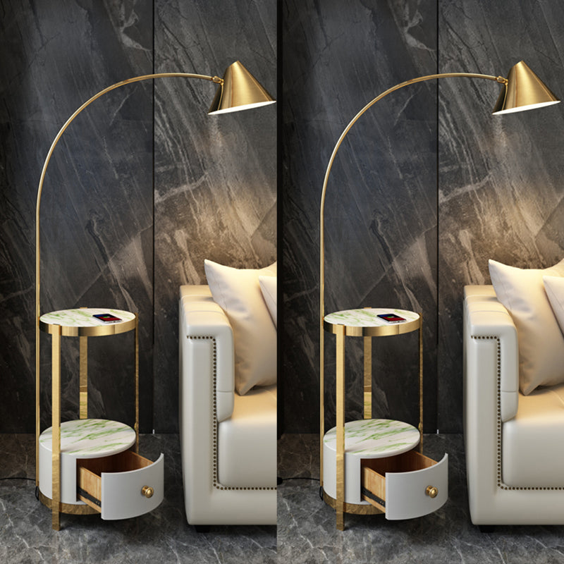 Postmodern Metal Fishing Rod Floor Lamp with Swivel Cone Shade and Marble Tray Cabinet