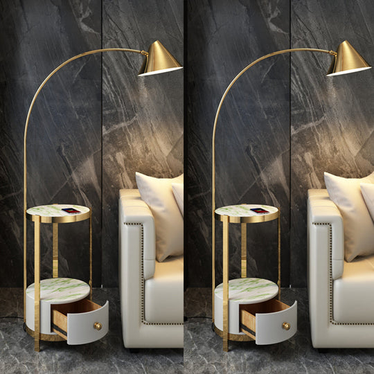 Postmodern Metal Fishing Rod Floor Lamp with Swivel Cone Shade and Marble Tray Cabinet