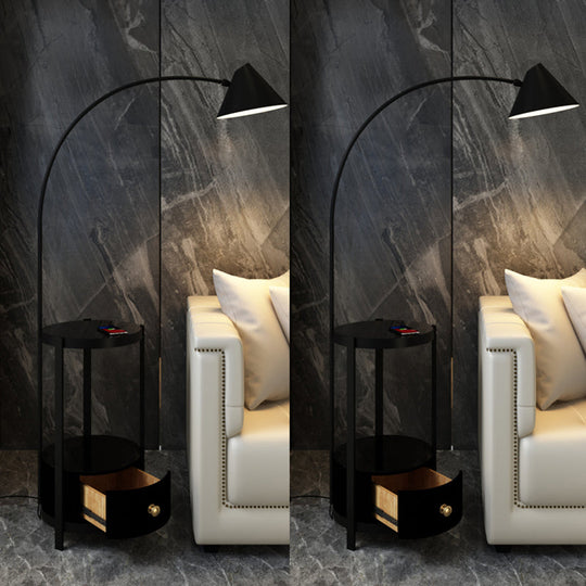 Postmodern Metal Fishing Rod Floor Lamp with Swivel Cone Shade and Marble Tray Cabinet