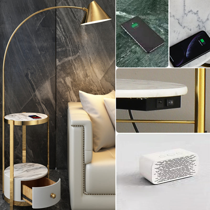 Postmodern Metal Fishing Rod Floor Lamp with Swivel Cone Shade and Marble Tray Cabinet