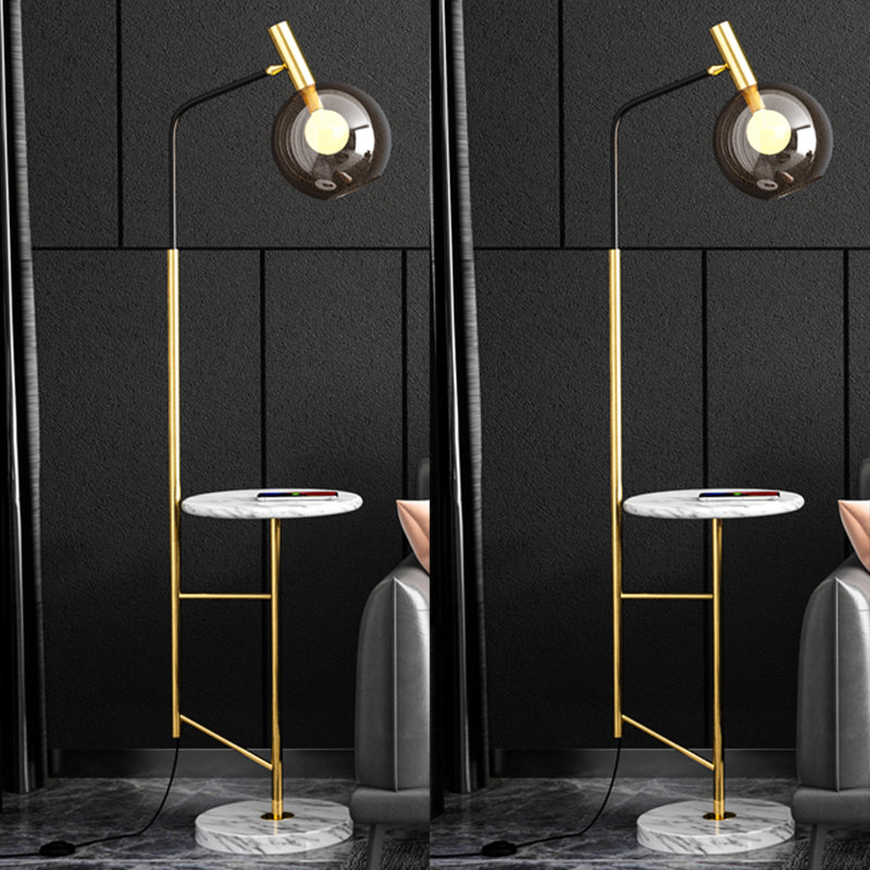 Mid-Century Smoke Grey Glass Sphere Floor Lamp with Rotatable 1-Light and Table