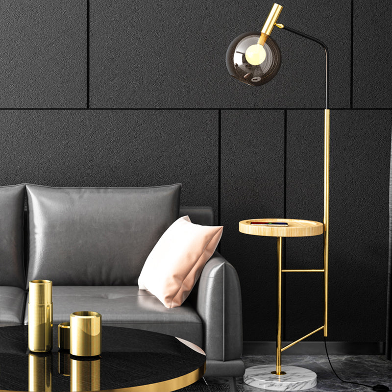 Mid-Century Smoke Grey Glass Sphere Floor Lamp with Rotatable 1-Light and Table