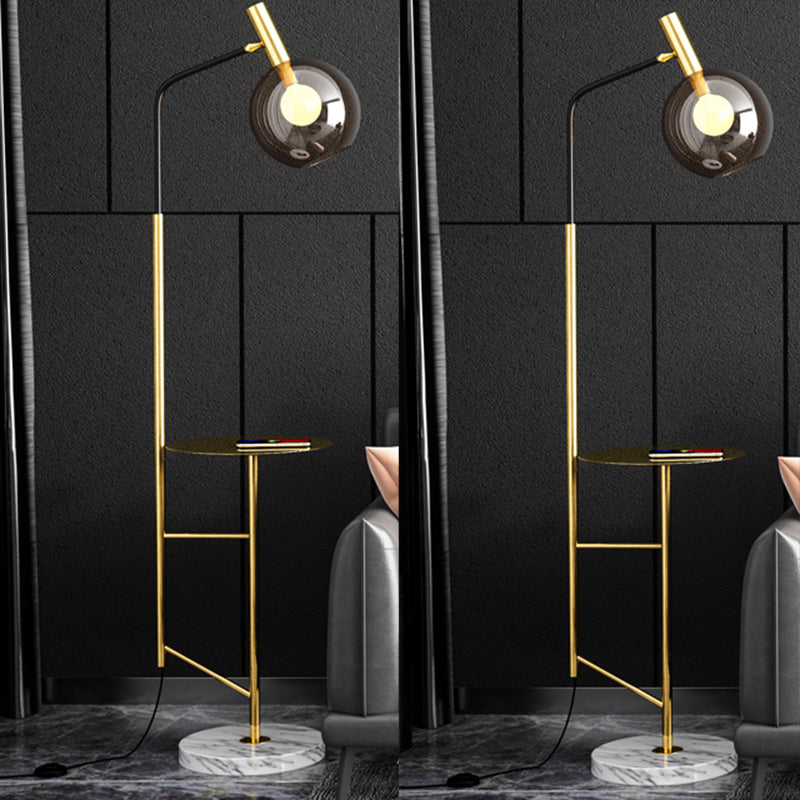 Mid-Century Smoke Grey Glass Sphere Floor Lamp with Rotatable 1-Light and Table