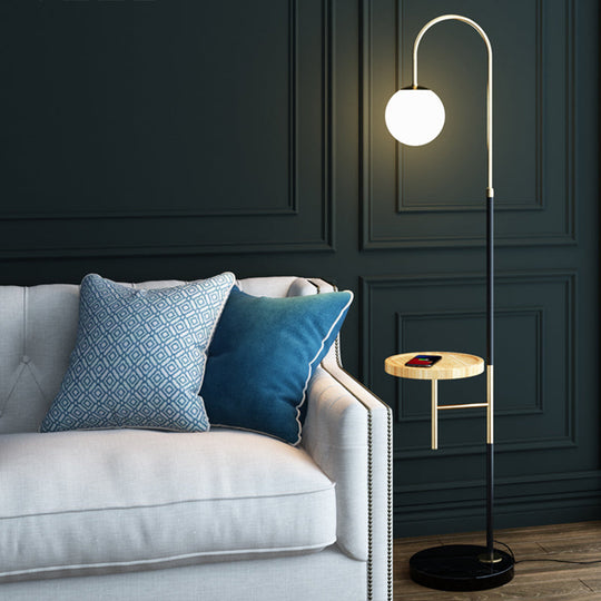 Minimalist Metal Gooseneck Floor Lamp with Single Tray and White Glass Shade