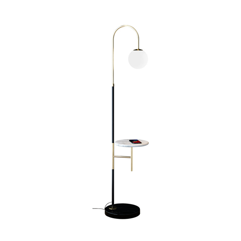 Minimalist Metal Gooseneck Floor Lamp with Single Tray and White Glass Shade