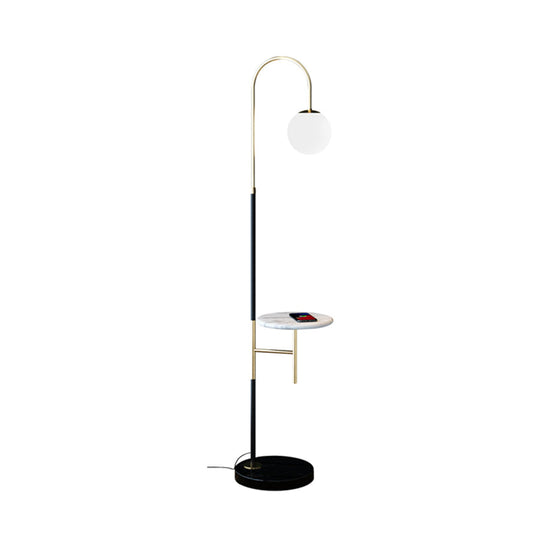 Minimalist Metal Gooseneck Floor Lamp with Single Tray and White Glass Shade