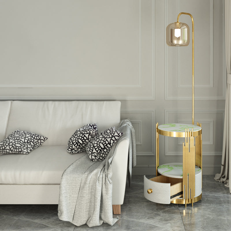 Modern Glass Cylinder Floor Lamp with Table, Drawer and Gooseneck Design