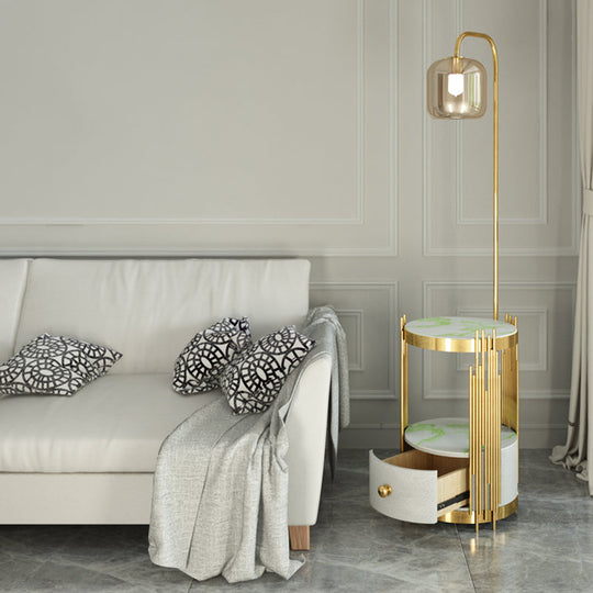 Modern Glass Cylinder Floor Lamp with Table, Drawer and Gooseneck Design