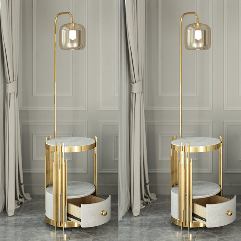 Modern Glass Cylinder Floor Lamp with Table, Drawer and Gooseneck Design