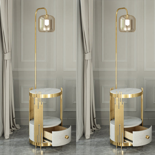 Modern Glass Cylinder Floor Lamp with Table, Drawer and Gooseneck Design