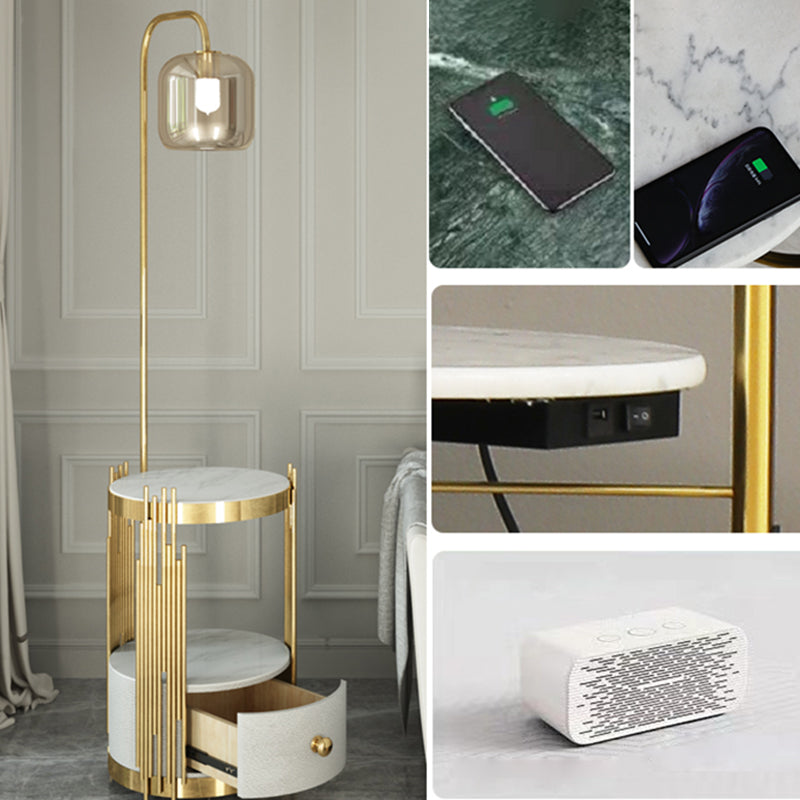 Modern Glass Cylinder Floor Lamp with Table, Drawer and Gooseneck Design