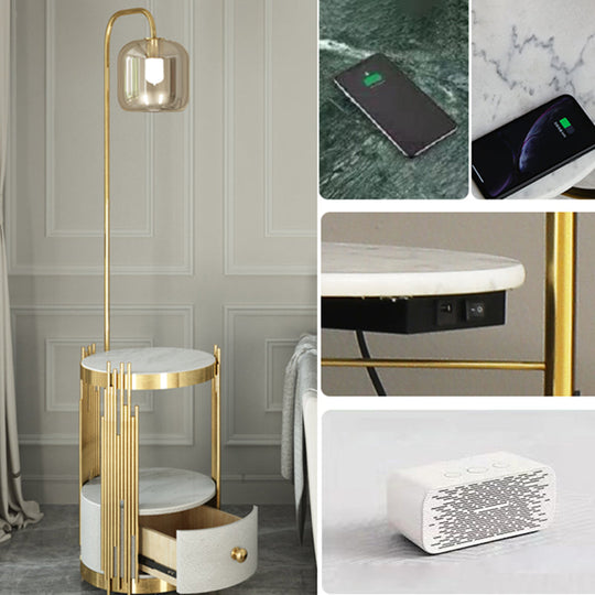 Modern Glass Cylinder Floor Lamp with Table, Drawer and Gooseneck Design