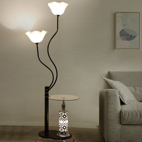 Country Black Frosted Glass Standing Floor Lamp with Tray - 3 Bulbs Open-Top Flower Floor Light
