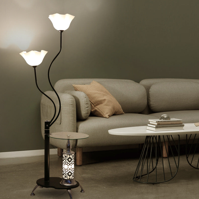 Country Black Frosted Glass Standing Floor Lamp with Tray - 3 Bulbs Open-Top Flower Floor Light