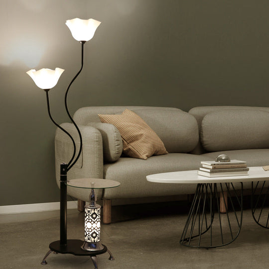 Country Black Frosted Glass Standing Floor Lamp with Tray - 3 Bulbs Open-Top Flower Floor Light