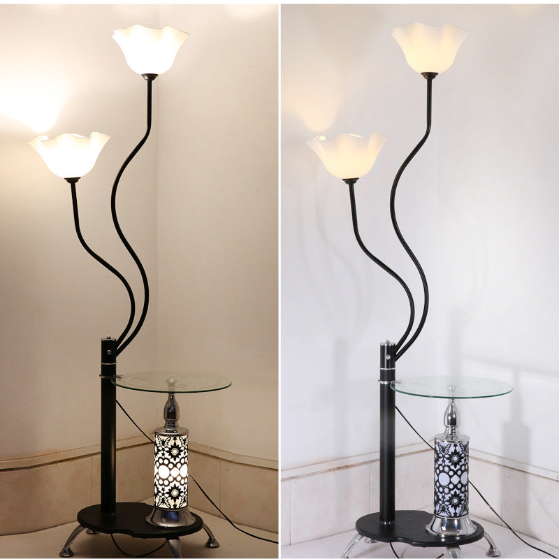 Country Black Frosted Glass Standing Floor Lamp with Tray - 3 Bulbs Open-Top Flower Floor Light