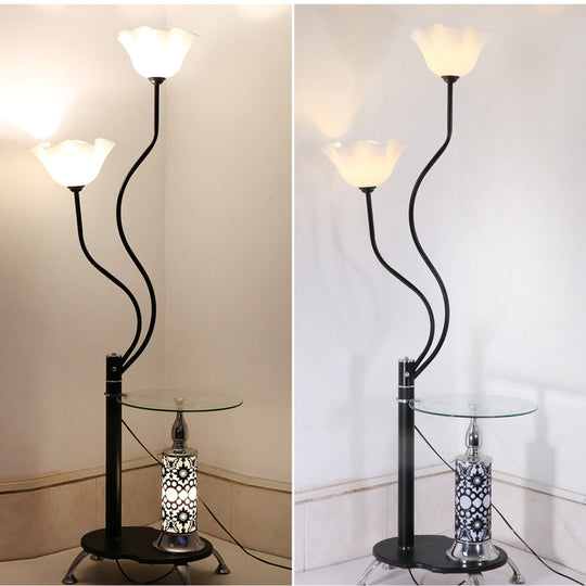 Country Black Frosted Glass Standing Floor Lamp with Tray - 3 Bulbs Open-Top Flower Floor Light