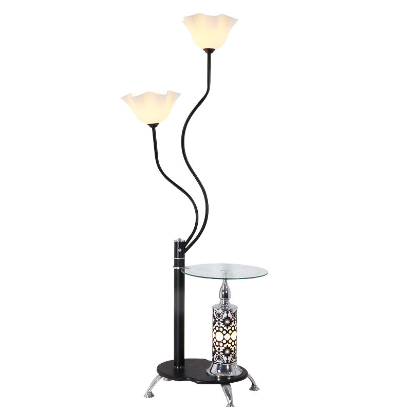 Country Black Frosted Glass Standing Floor Lamp with Tray - 3 Bulbs Open-Top Flower Floor Light