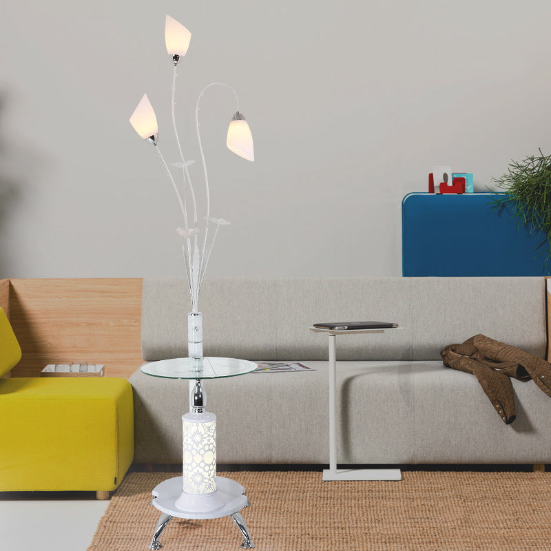 Rustic Ivory Glass 3-Light Floor Lamp with Table – Tulip Living Room Standing Light