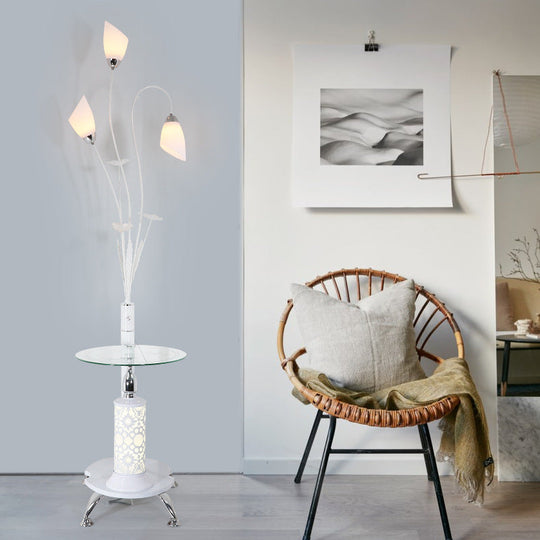 Rustic Ivory Glass 3-Light Floor Lamp with Table – Tulip Living Room Standing Light