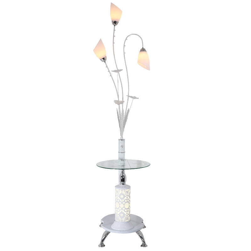 Rustic Ivory Glass 3-Light Floor Lamp with Table – Tulip Living Room Standing Light