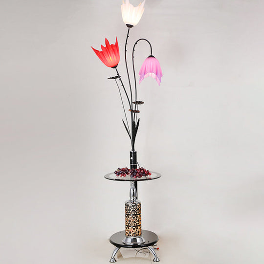 Flower Countryside Floor Lamp: Black Acrylic Tray, 3-Light Design for Living Room