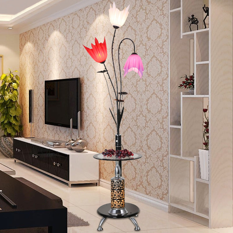 Flower Countryside Floor Lamp: Black Acrylic Tray, 3-Light Design for Living Room