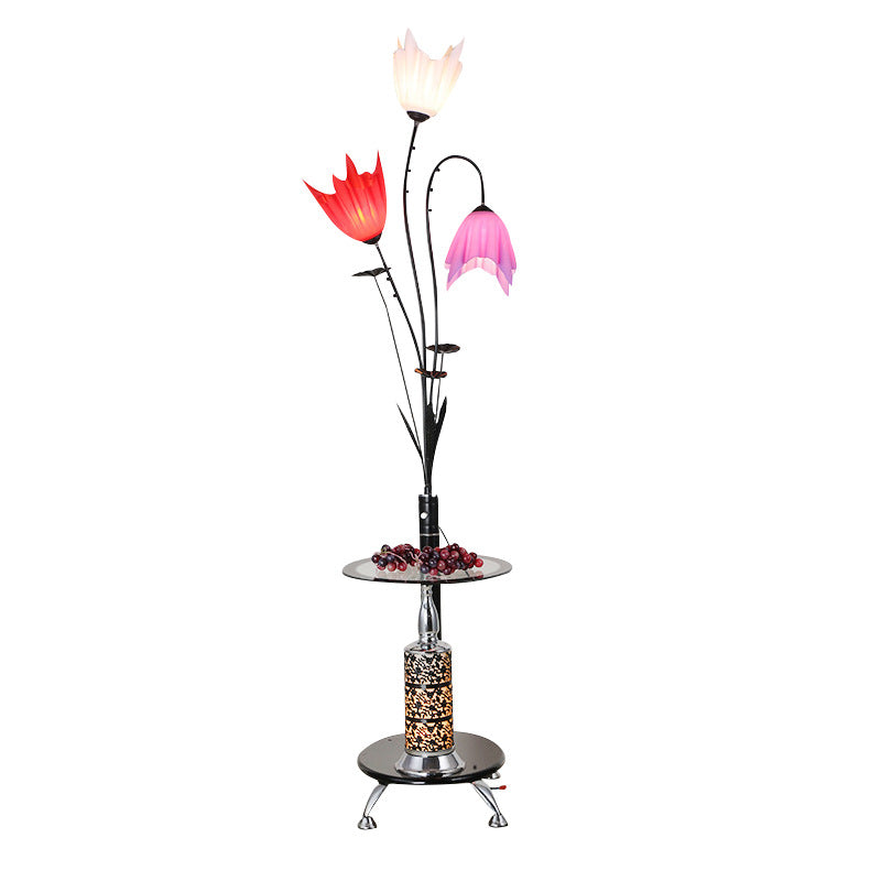 Flower Countryside Floor Lamp: Black Acrylic Tray, 3-Light Design for Living Room