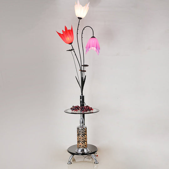 Flower Countryside Floor Lamp: Black Acrylic Tray, 3-Light Design for Living Room