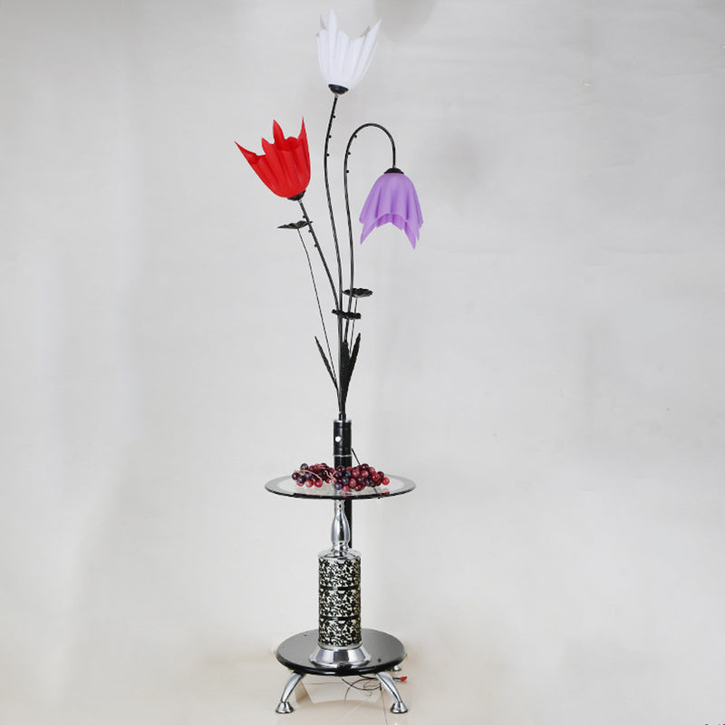 Flower Countryside Floor Lamp: Black Acrylic Tray, 3-Light Design for Living Room