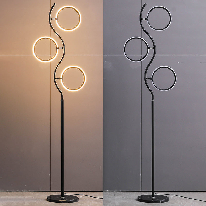 Rotatable 3-Head LED Floor Lamp - Artistic Metal Ring Shape for Bedroom