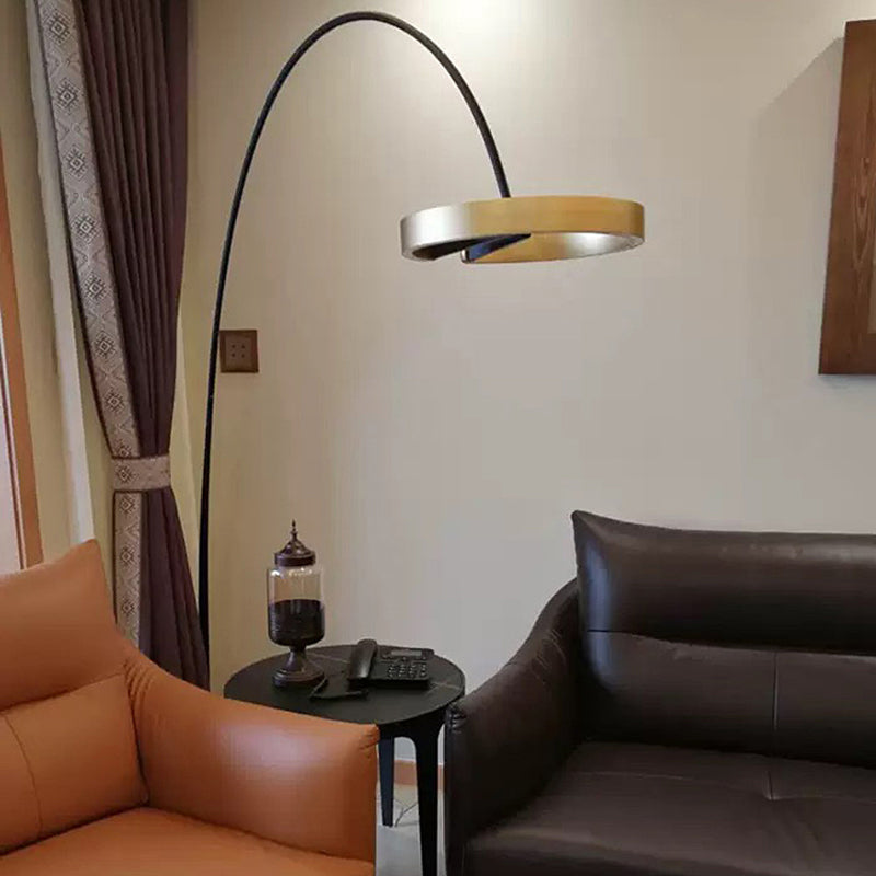 Minimalist Metal LED Floor Lamp with Rotatable Gold Loop and Fishing Rod Pole