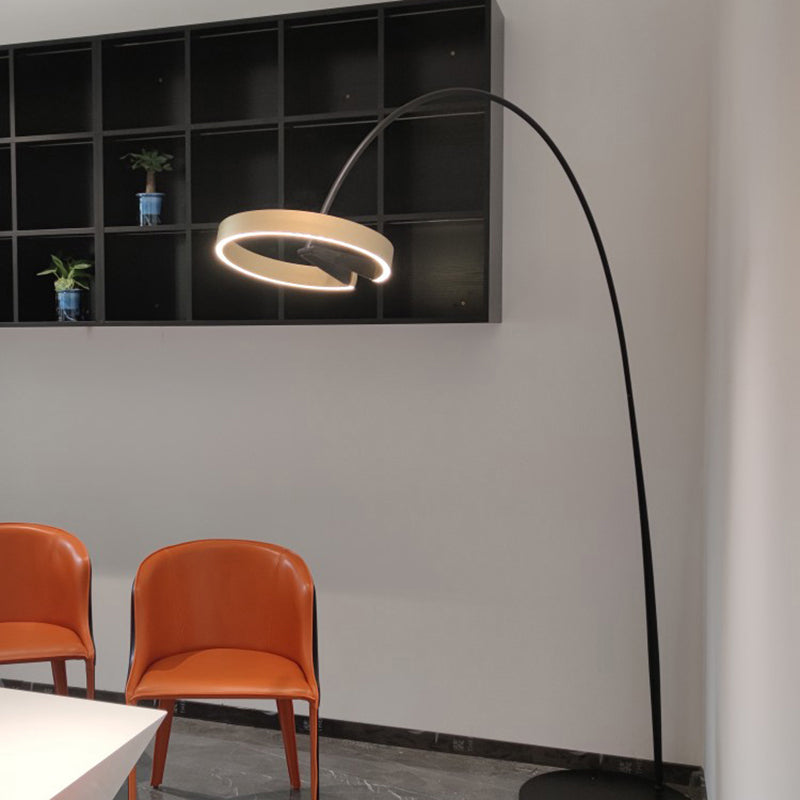 Minimalist Metal LED Floor Lamp with Rotatable Gold Loop and Fishing Rod Pole