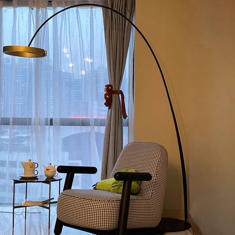 Minimalist Metal LED Floor Lamp with Rotatable Gold Loop and Fishing Rod Pole