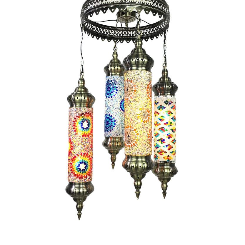 Vintage Bronze Cylindrical Chandelier with Colorful Glass - 4 Bulb Pendant Light for Living Room