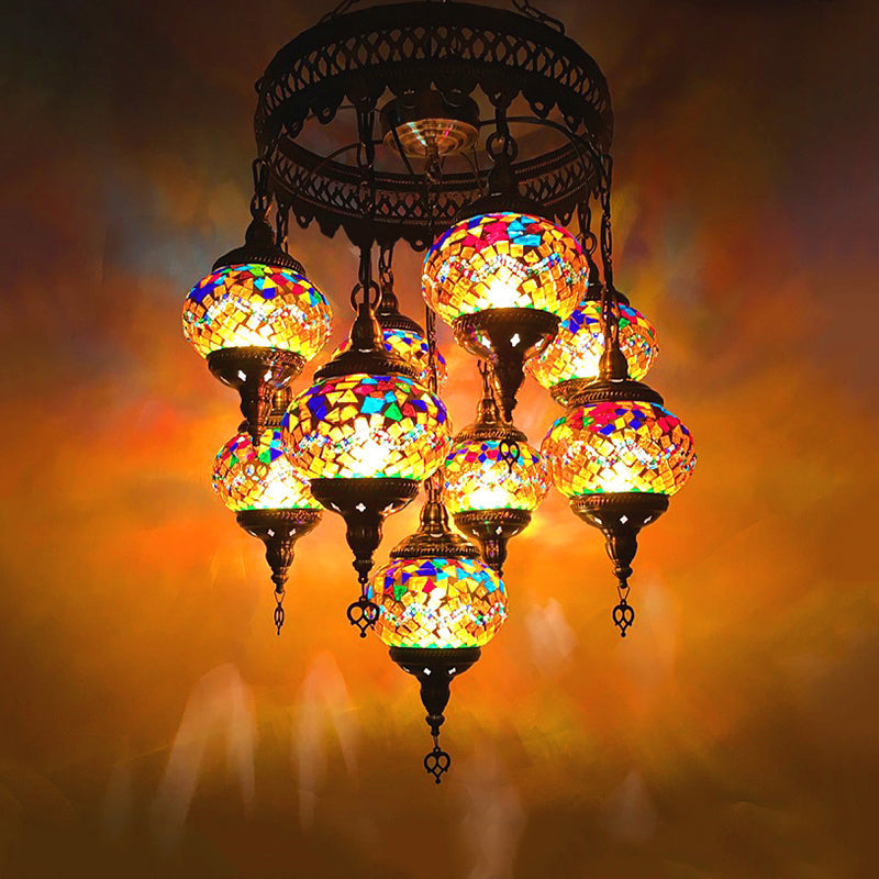 Retro Glass Sphere Chandelier - Vibrant Red/Pink/Orange with 9 Hanging Lamp Heads for Restaurants