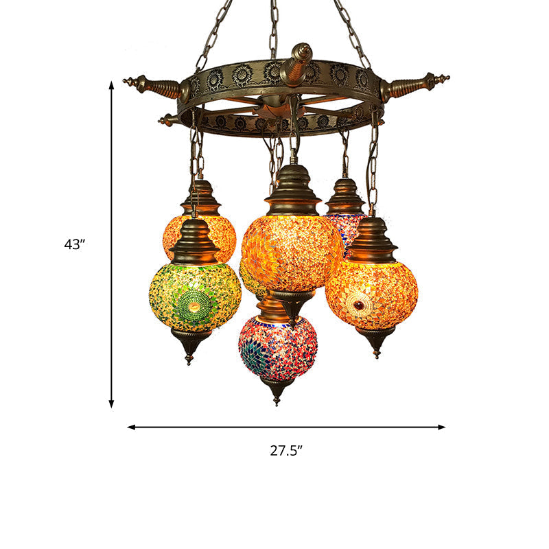 Colorful Retro Glass Globe Ceiling Chandelier - Bronze Pendant Lighting for Living Room