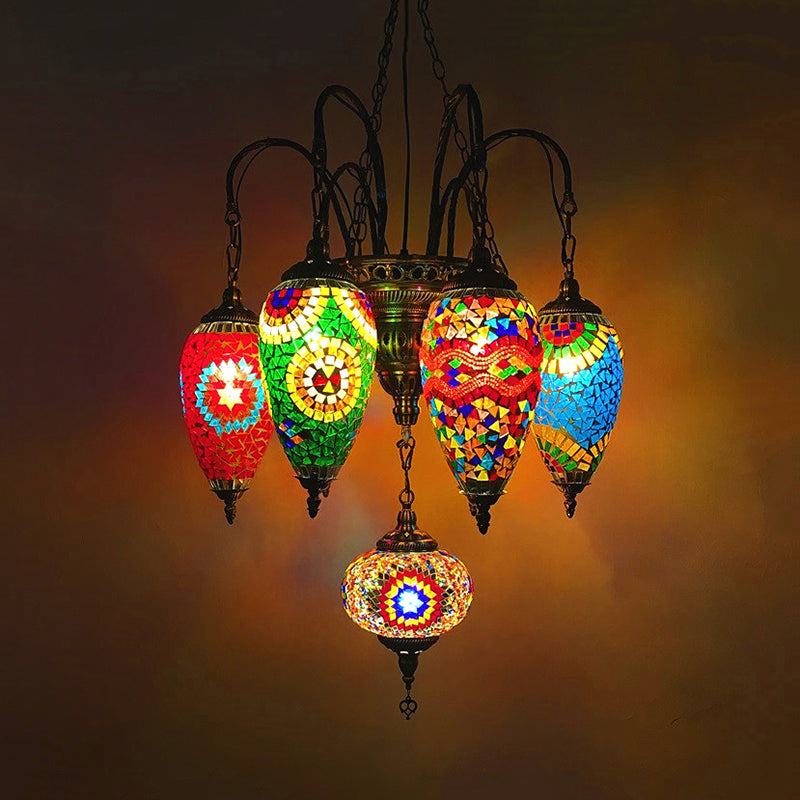 Hanging Chandelier: 7-Bulb Coffee House Tradition Pendant Light with Colorful Glass Shade